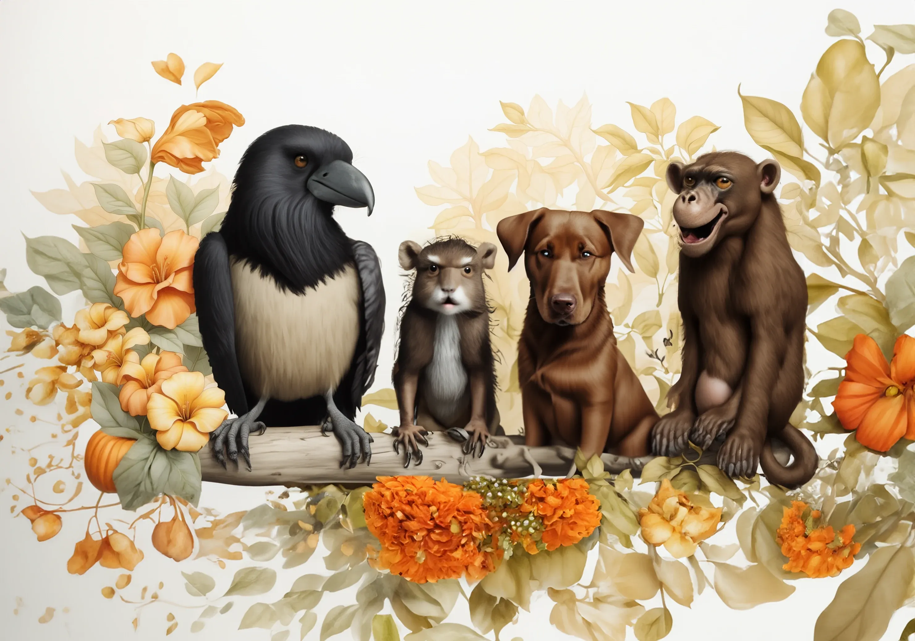 A crow and a line of small mammals among marigolds.