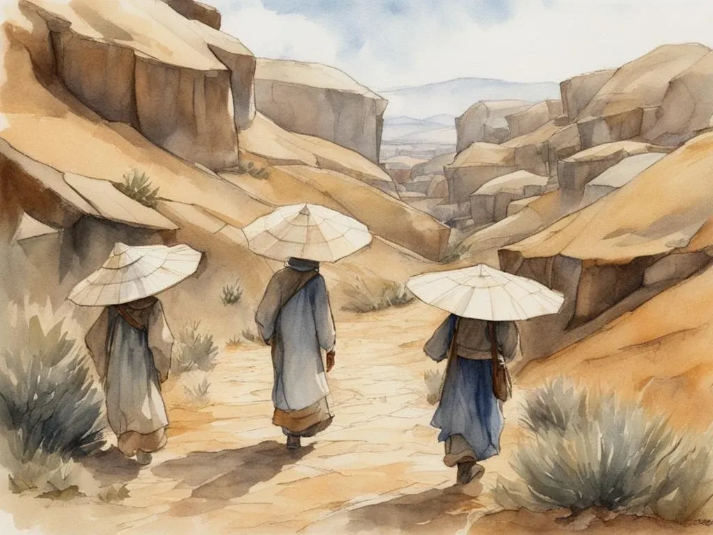 Arid patches of land with cracks running deep like veins, townsfolk under wide-brimmed hats and parasols
