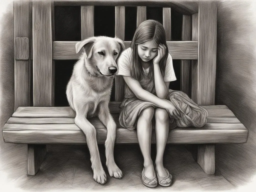 A girl weeping on a wooden bench on a dusty railway platform, a brown and white dog trying to comfort her