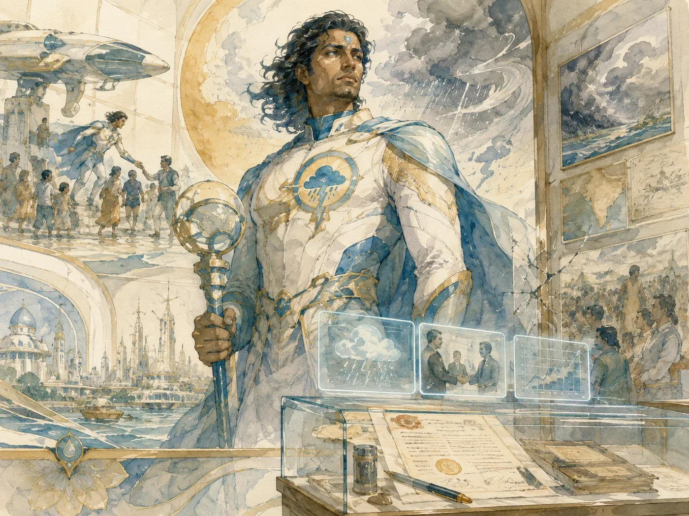 A weather-control hero in white and blue holding a staff, exhibited beside a glass case of signed contracts