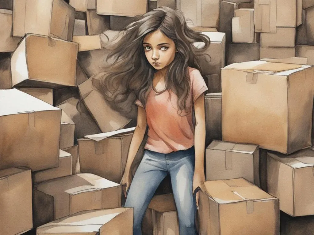 A girl pulling apart a tall pile of cardboard boxes to reveal a thin girl with tousled hair, eyes wide with shock