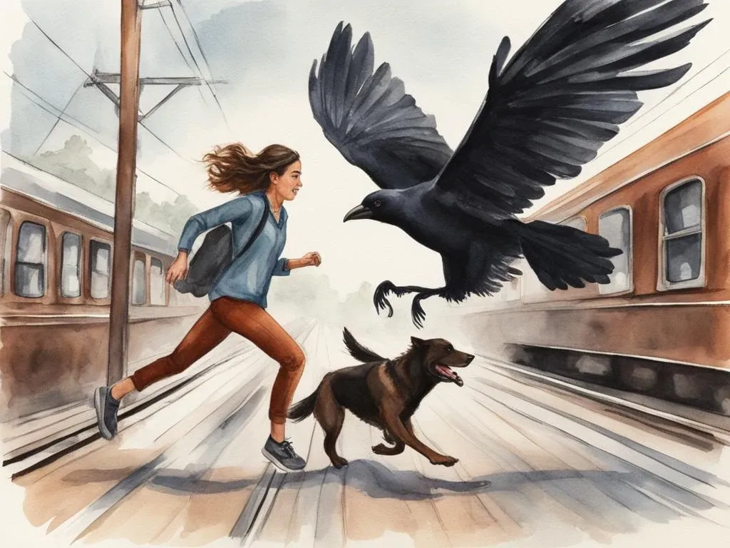 A girl in kurta and leggings running down a train platform chased by a giant black crow, a brown dog running alongside