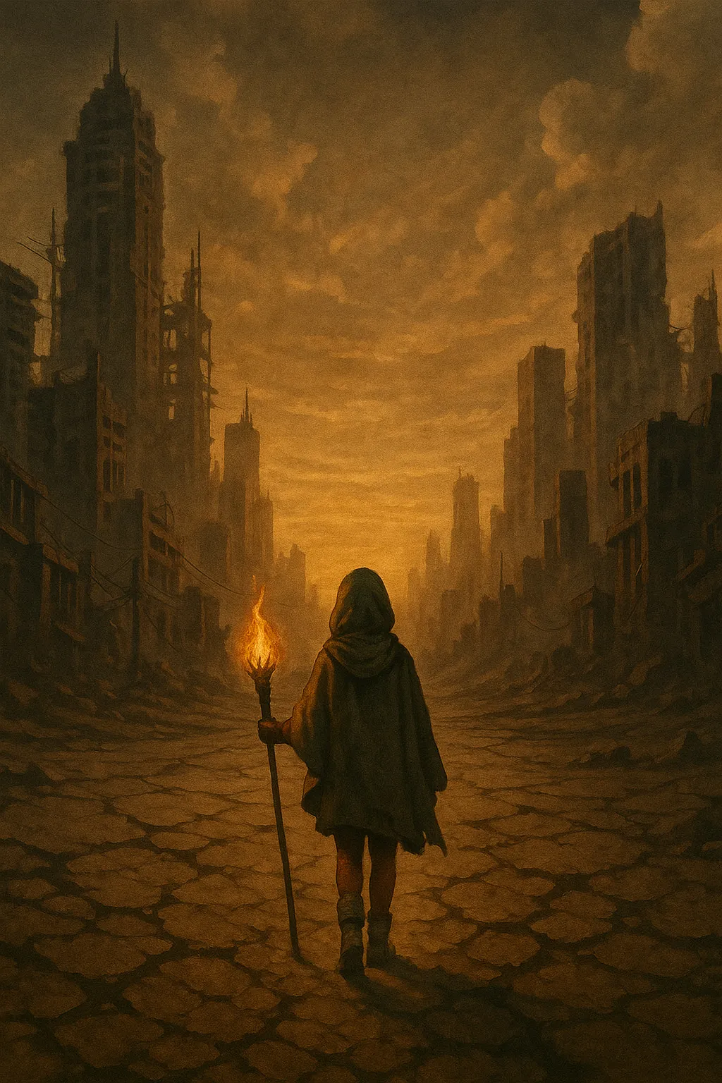 A cloaked figure moving through submerged, crumbling architecture