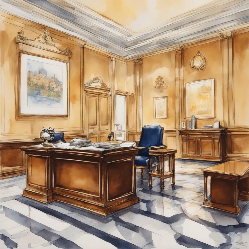 Polished marble, a heavy desk, framed certificates, and nobody in the chair.