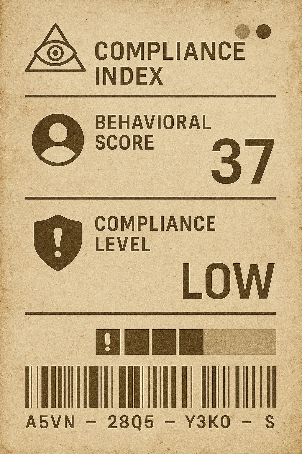 A compliance index chart, columns of scores ruled and stamped
