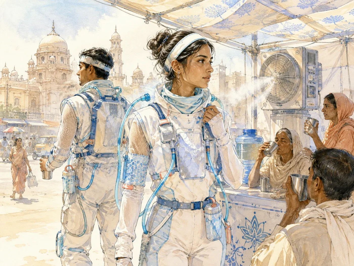 Two people in cooling suits with backpack units at a misting station, others drinking from steel cups