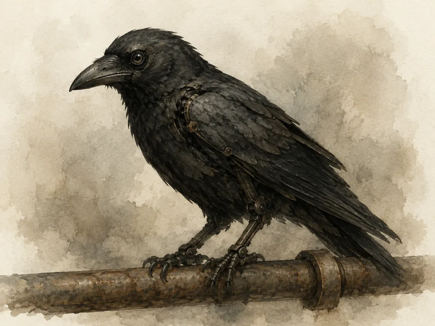 A crow with visible mechanical joints at wing, leg and shoulder, perched on a rusted pipe