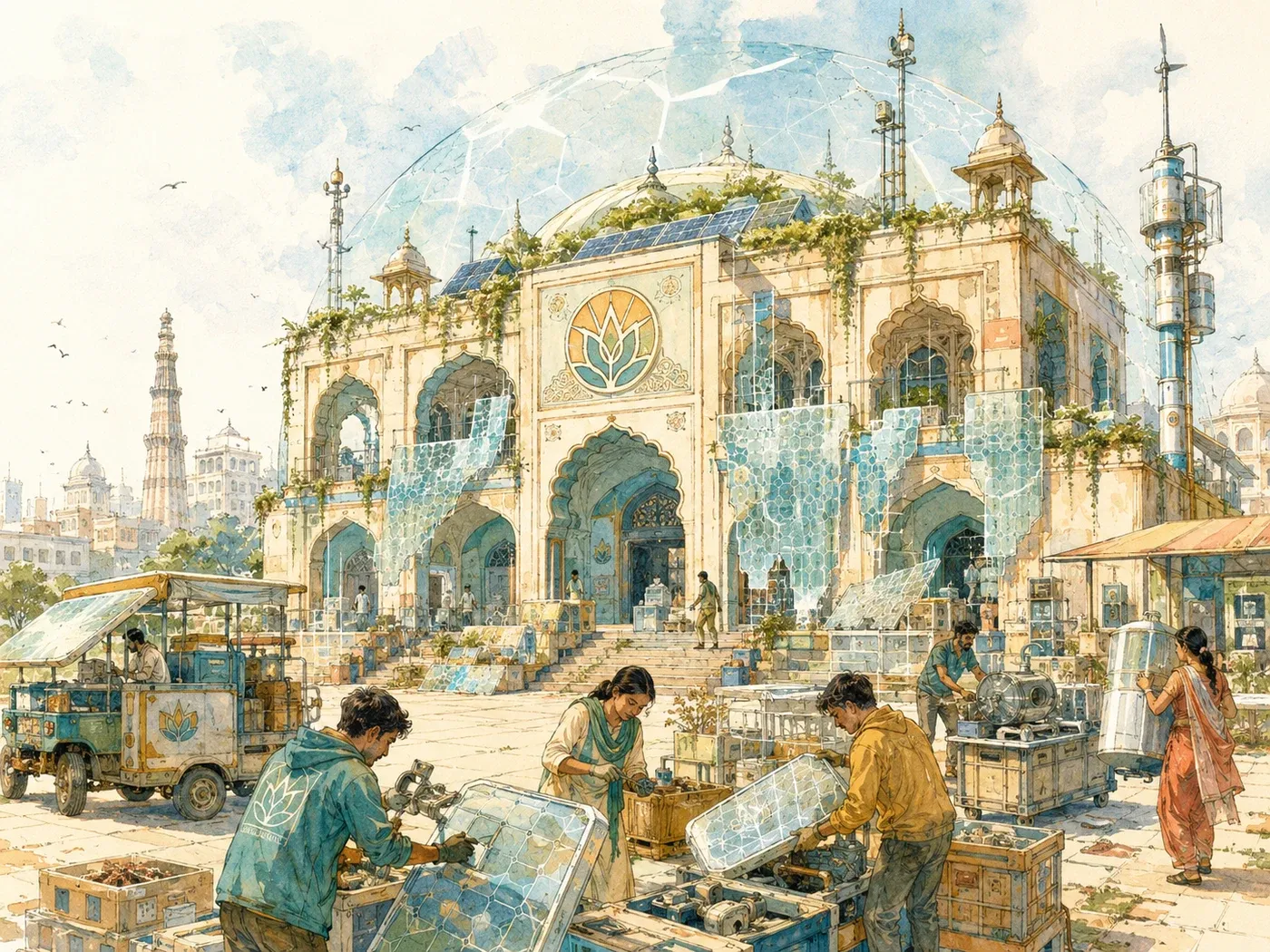 The old Brigade headquarters under a cracked dome, now a workshop where people assemble solar panels and cooling units in the forecourt
