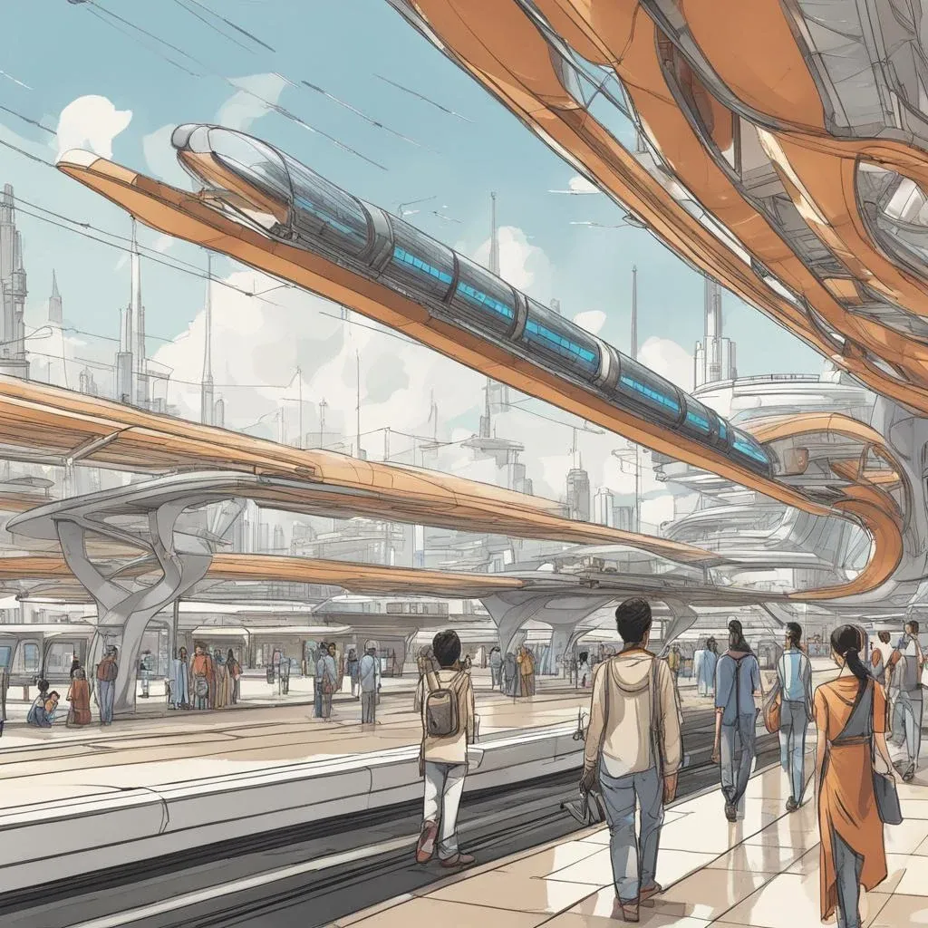 A railway station with solar panels and a hyperloop, a bespectacled man holding his daughter’s hand, assisted by robots