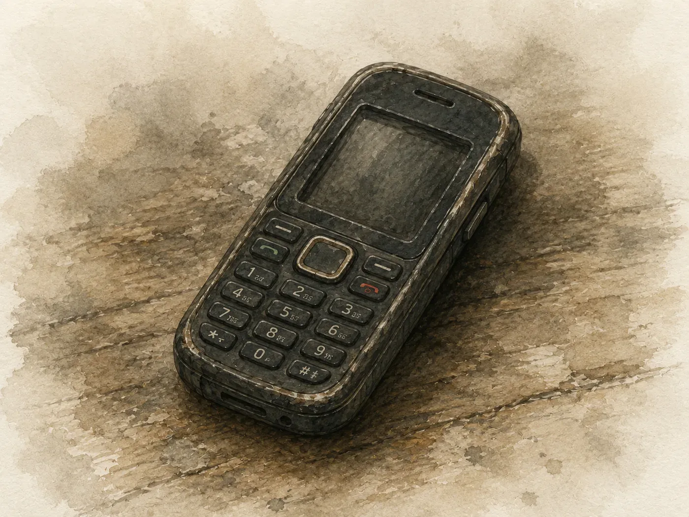 A scuffed keypad handset with a small dark screen, lying on a dusty surface