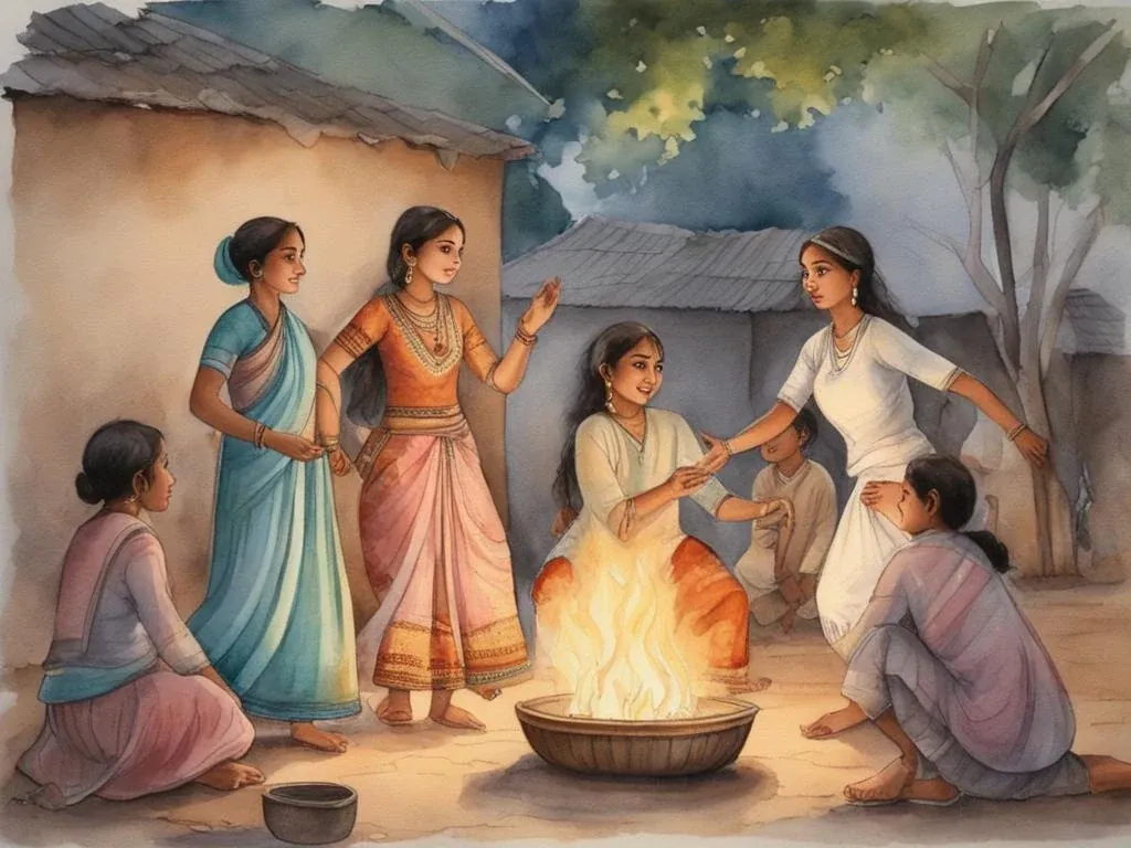 Villagers dancing and clapping round a fire bowl in the evening.