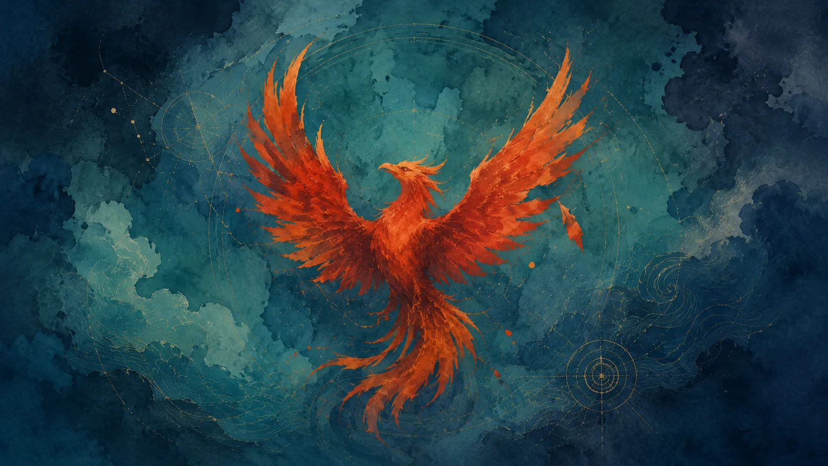 The Firebird emblem in orange on a teal watercolour ground, faint gold constellation lines and circles around it