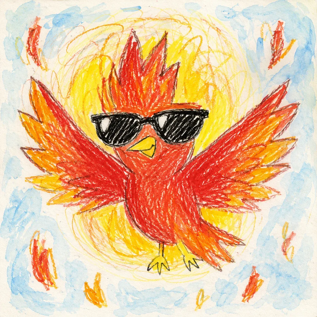 A child's crayon drawing of the Firebird, red and orange with wings spread against a yellow sun, wearing black sunglasses