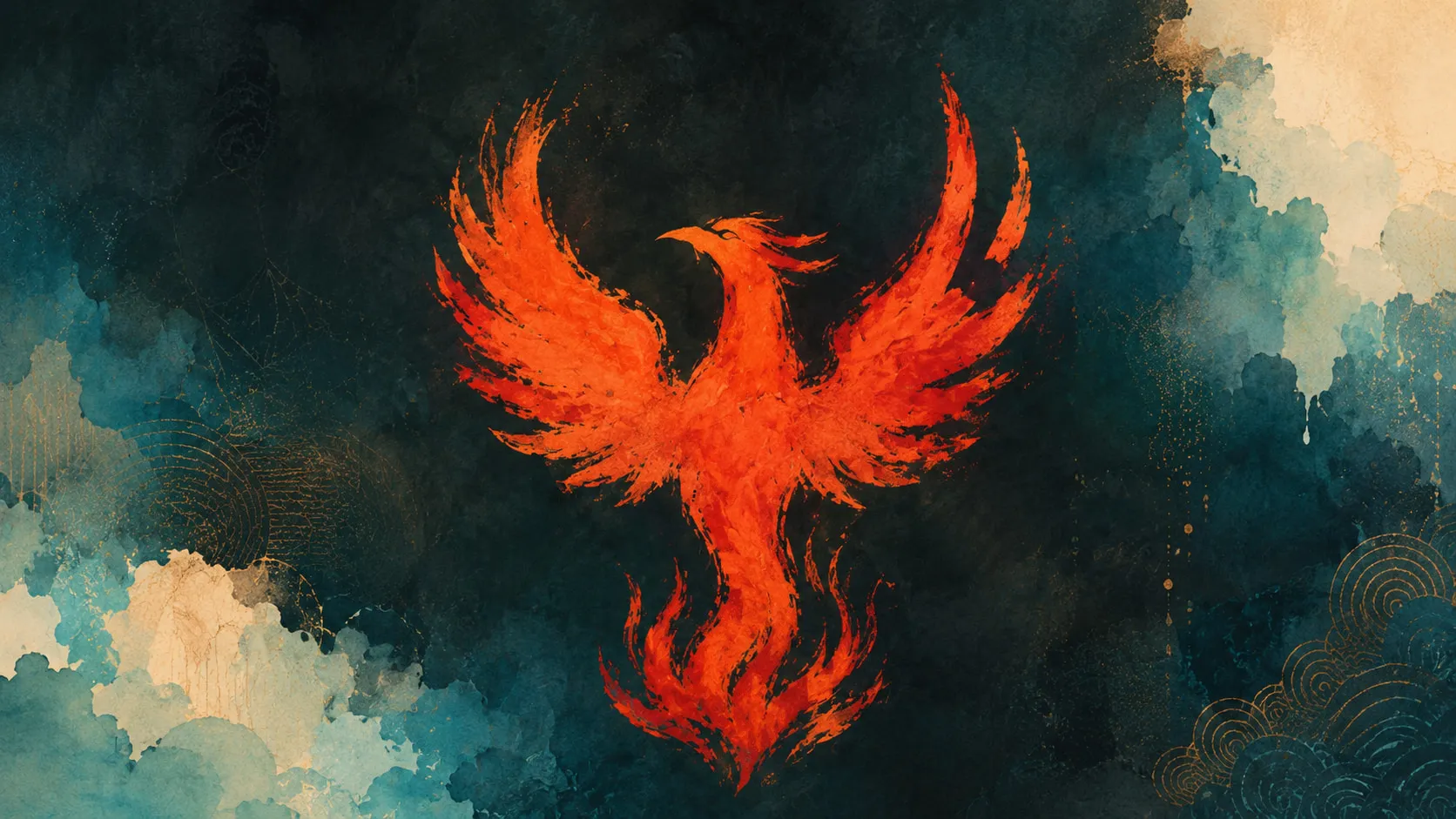 The Firebird emblem in orange against deep teal cloud, gold linework at the corners