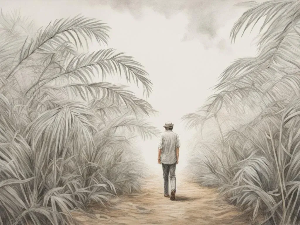 A tall thin man pushing fronds aside to reveal long white fields of fly ash
