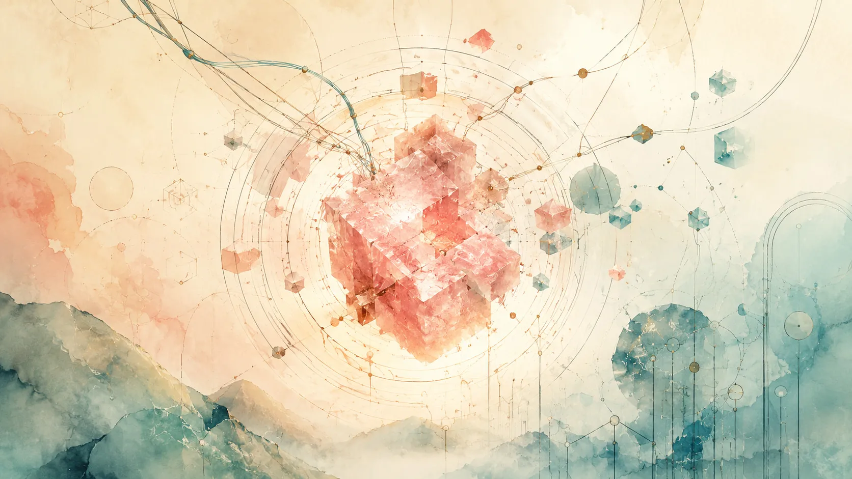 A single glowing lattice of pink crystal cubes ringed by concentric linework, pale hills below