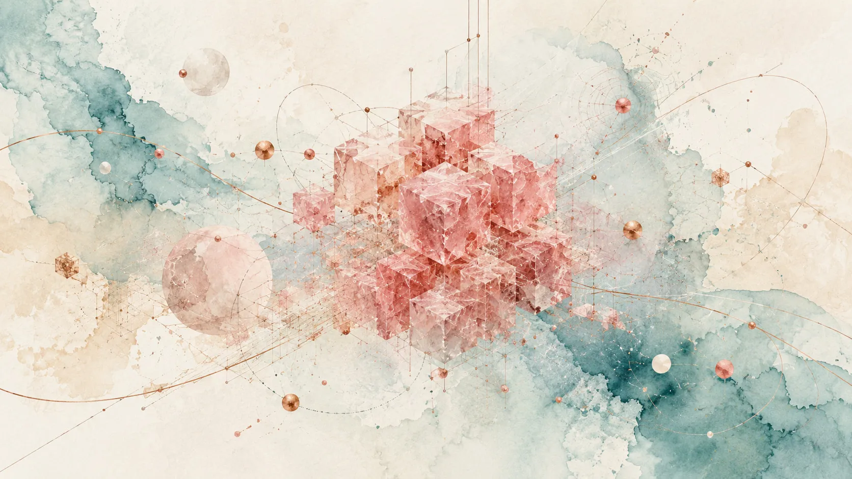 A cluster of translucent pink crystal cubes suspended in orbital linework on a pale ground