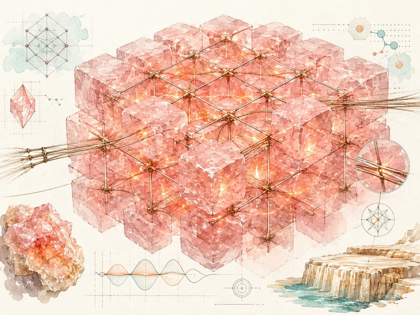 A lattice of pink halite cubes strung with brass nodes and filament, annotated like a materials plate