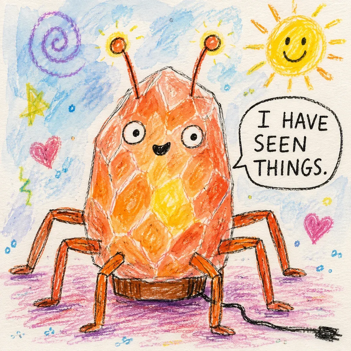 A child's crayon drawing of a salt lamp with six legs and two antennae, still plugged in, saying I HAVE SEEN THINGS in a speech bubble