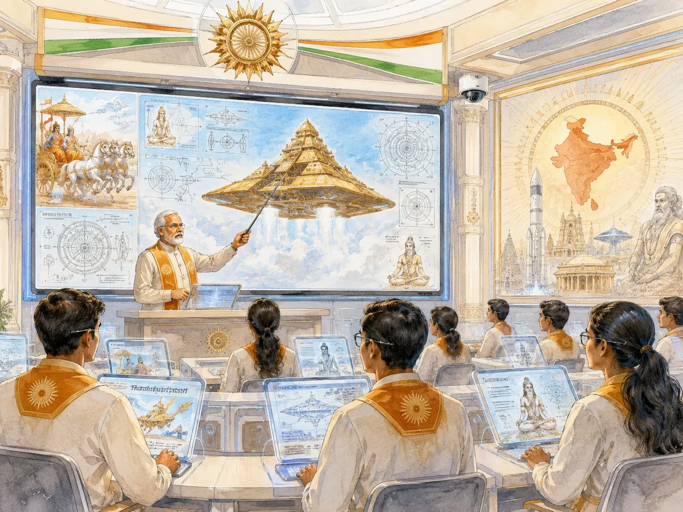 A lecture hall where a teacher presents a flying chariot as engineering, students at glowing terminals beneath a national emblem