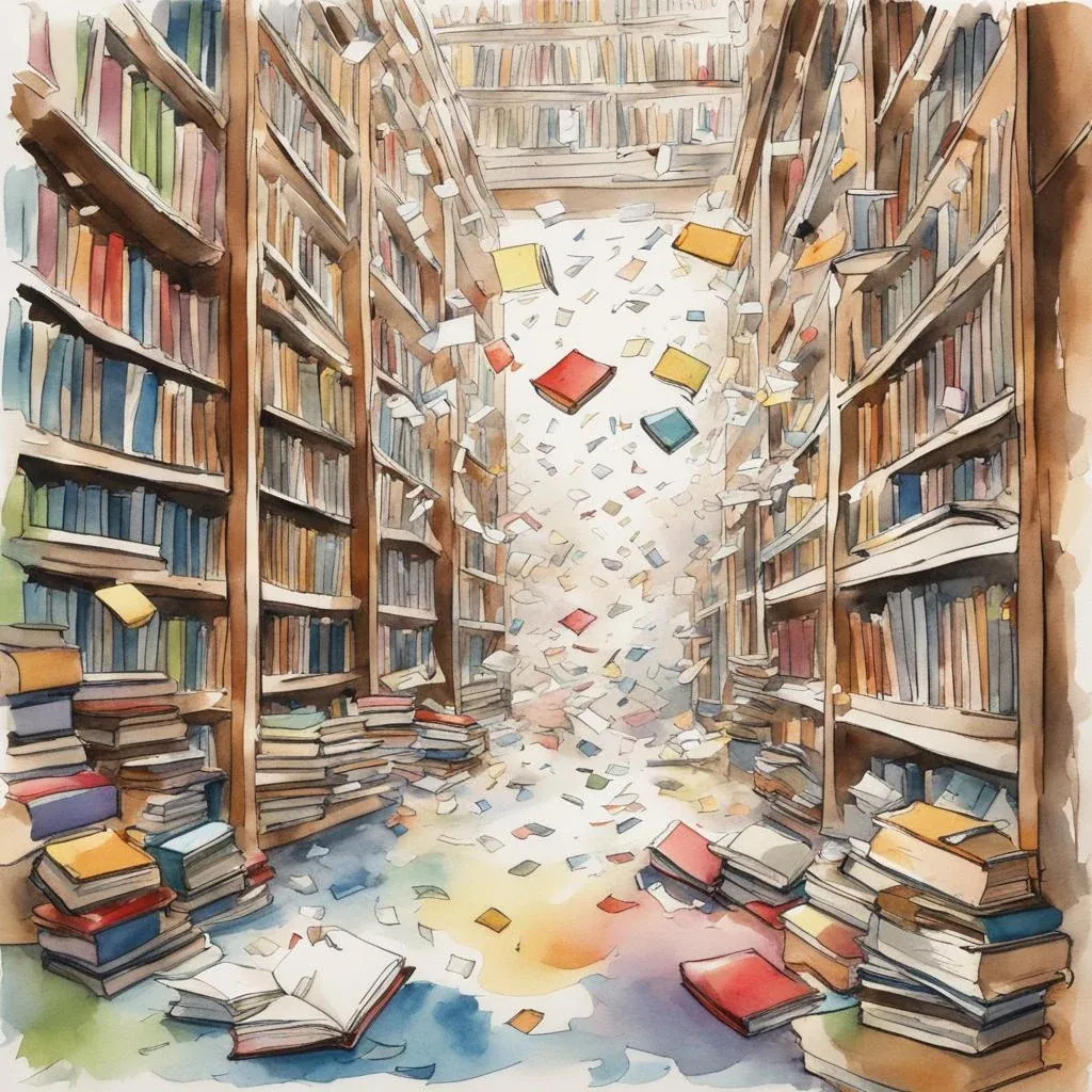 Books off every shelf, pages falling through the aisle like confetti.