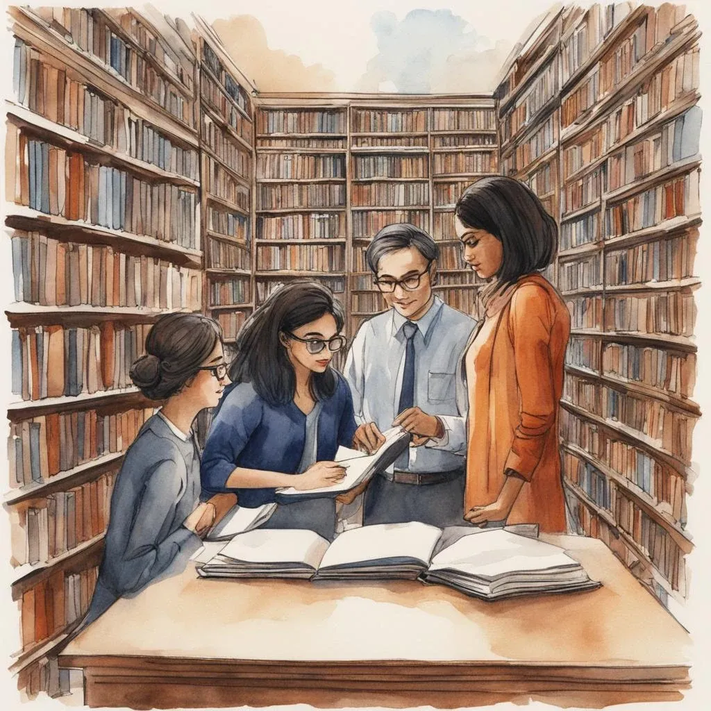 Four people bent over an open book at a table between tall shelves.