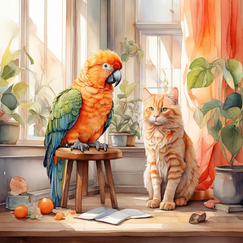 A green and orange parrot on a stool, and a fat ginger cat beside it, in a bright window corner.
