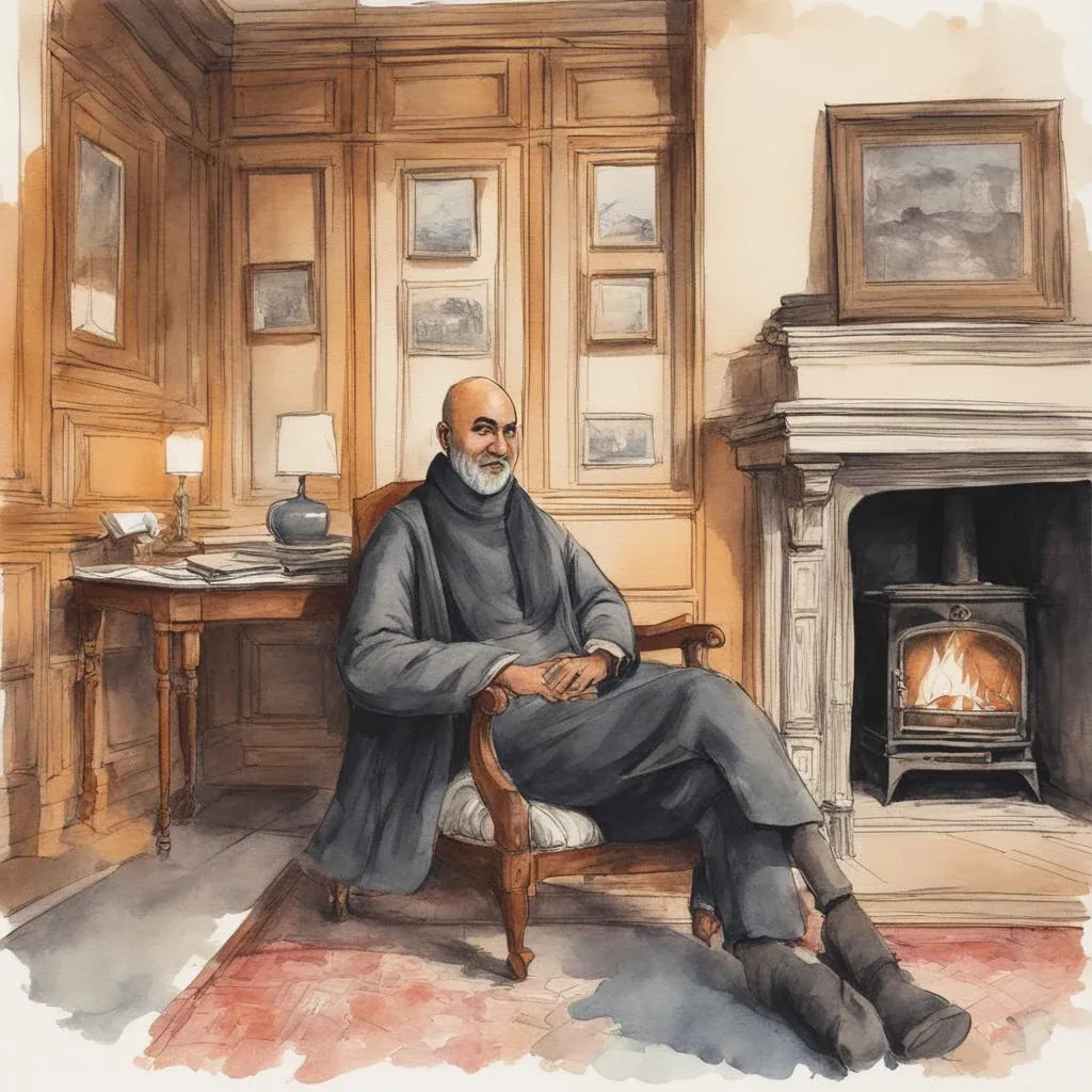 Wood panelling, bound journals and a roaring fire, and a heavily wrapped man seated before it.