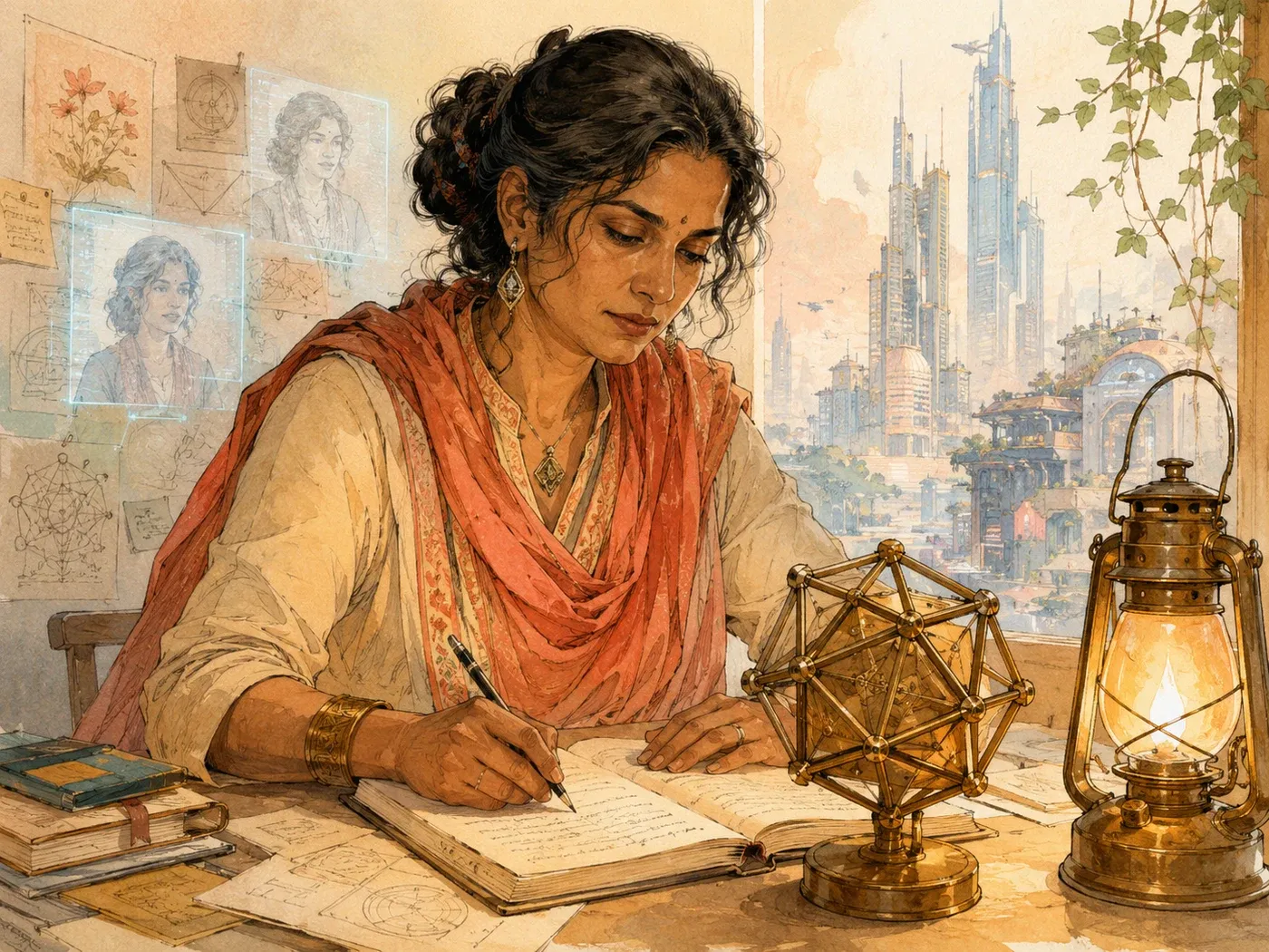 A woman writing in a notebook beside a brass polyhedron and a lantern, a bright city through the window