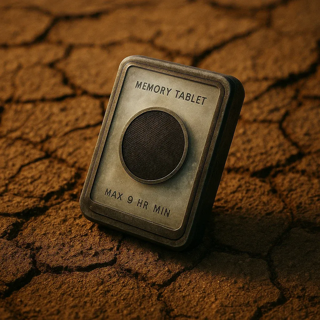 A memory tablet, its surface scored and clouded with age