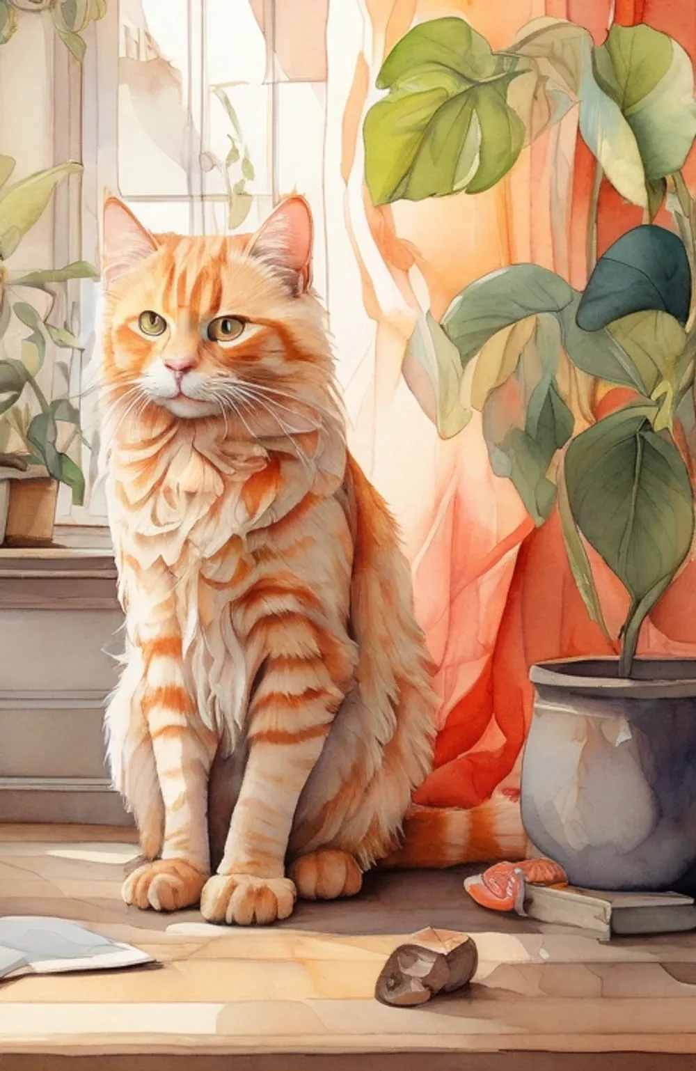 A fat ginger cat sitting upright on floorboards beside a potted plant and a coral curtain