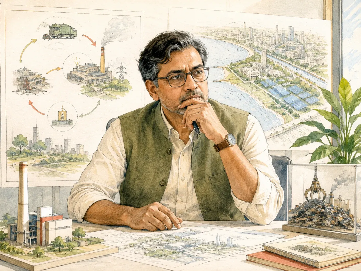 A man at a desk of waste-to-energy schematics and a plant model, a river district mapped behind him
