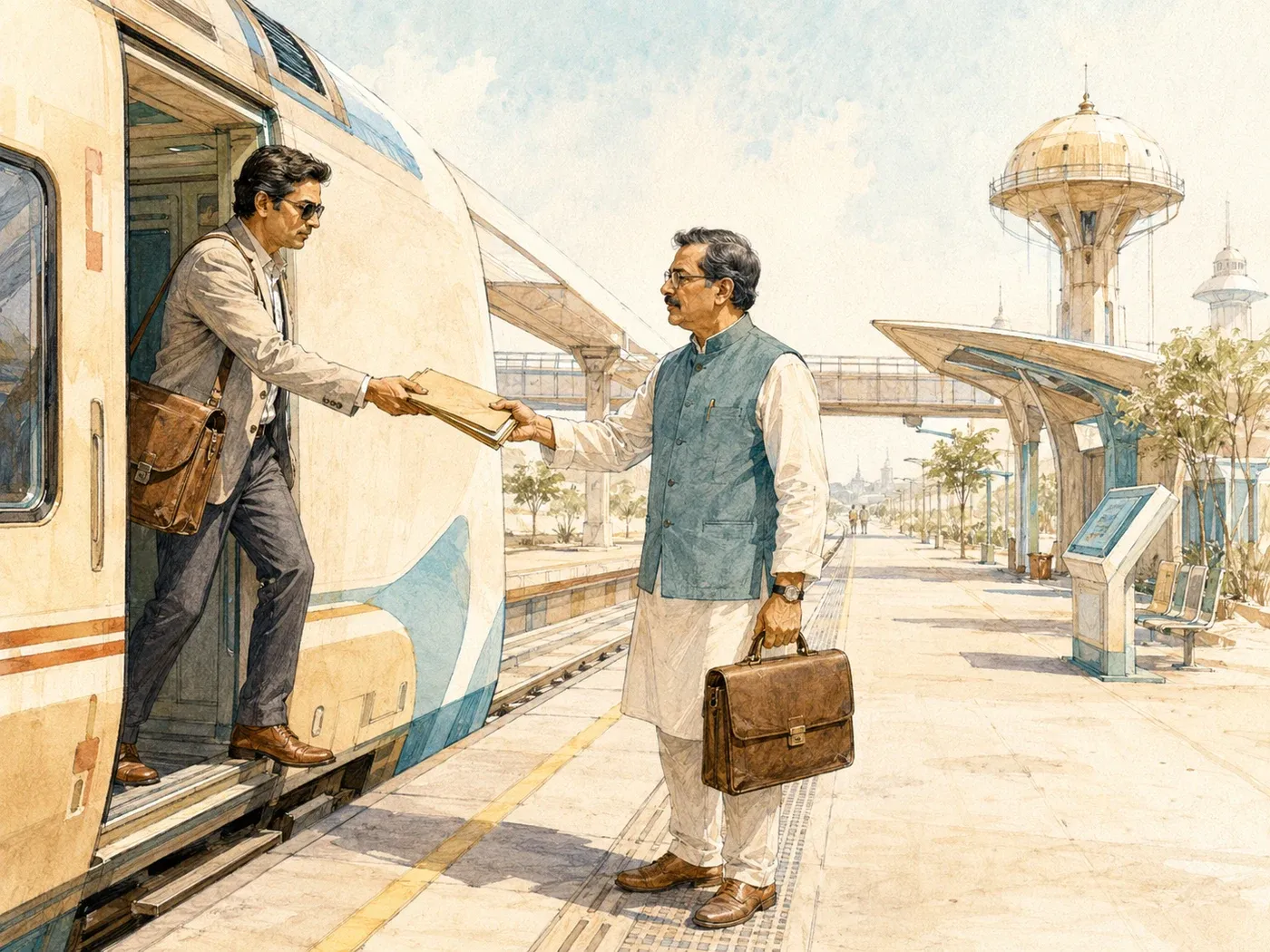 One man handing a folder to another at a station platform as he steps down from a train