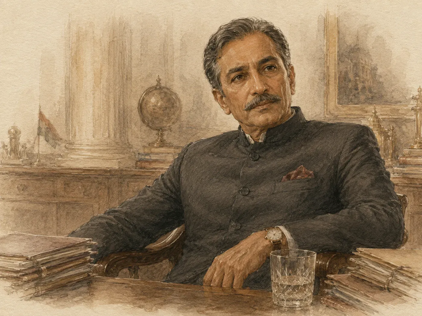 A man in a dark bandhgala seated at a polished desk of bound files, a globe and a national flag behind him