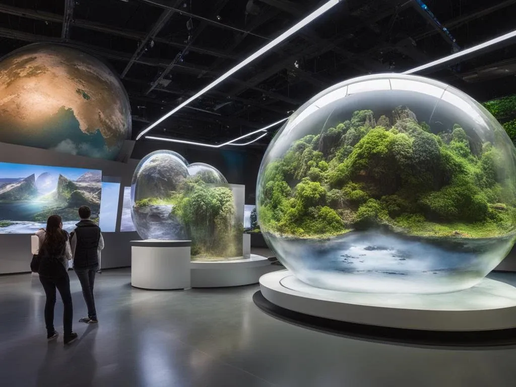 Holographic biospheres on plinths, visitors small beneath them.