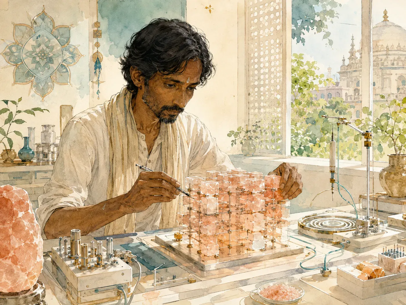 A thin, wiry man at a workbench, tuning a lattice of salt crystals with a fine probe, raw salt and instruments around him