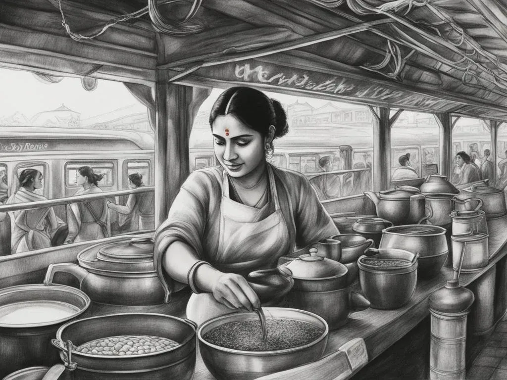 A tea stall on a railway platform signed Nandini's Tea Corner, a woman in a tea-stained apron stirring a steaming pot