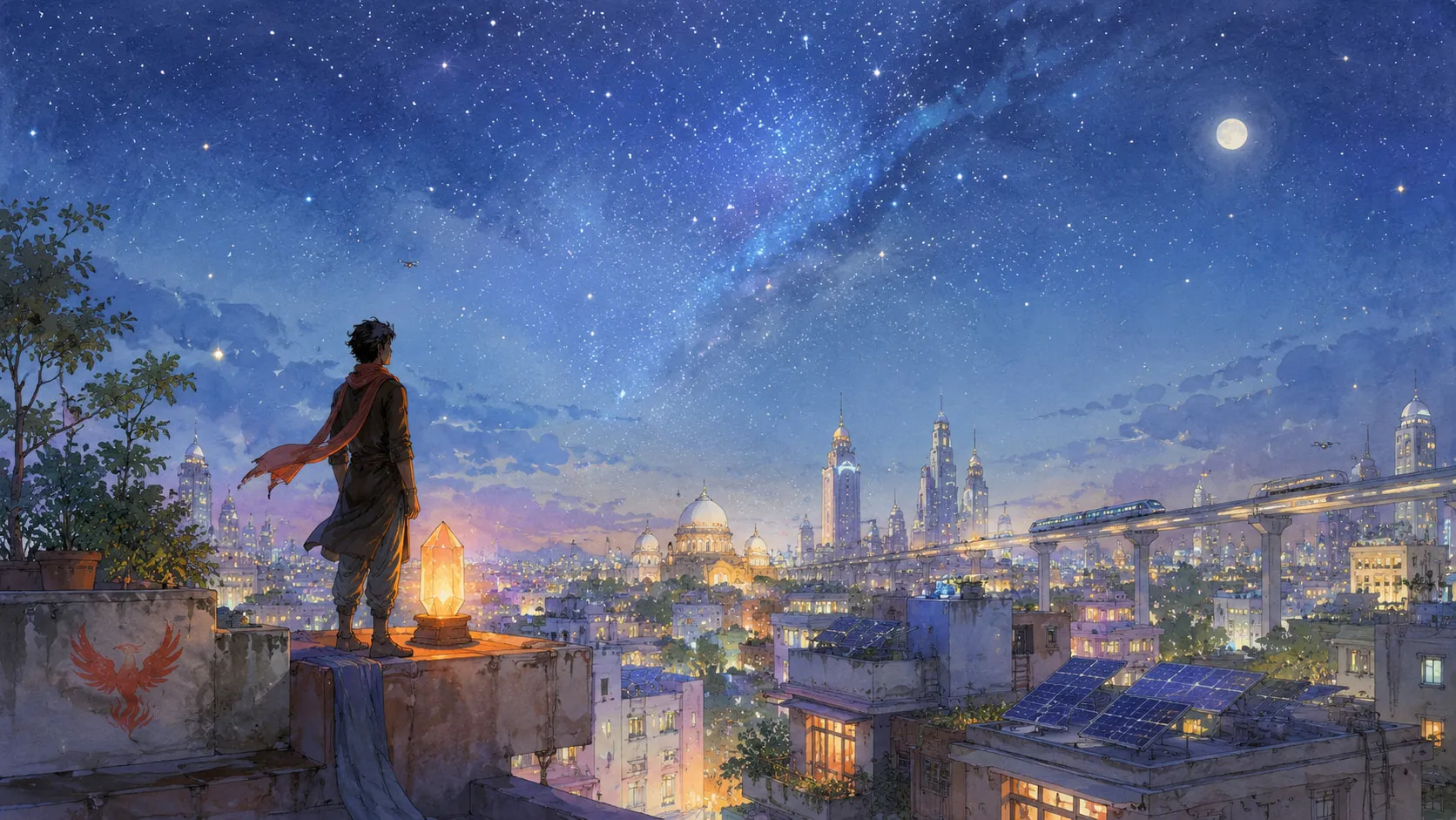 A figure standing on a Delhi rooftop at night beside a glowing crystal lamp, the Milky Way overhead and a Firebird sigil painted on the parapet