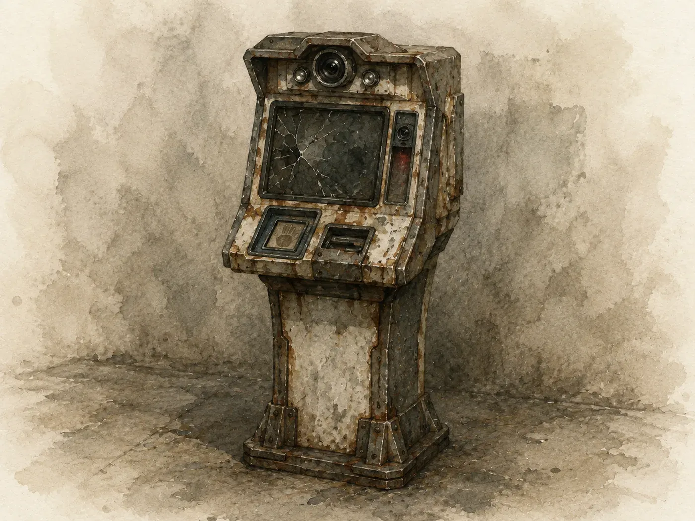A weathered public kiosk with a cracked screen, a camera above it and a palm reader below