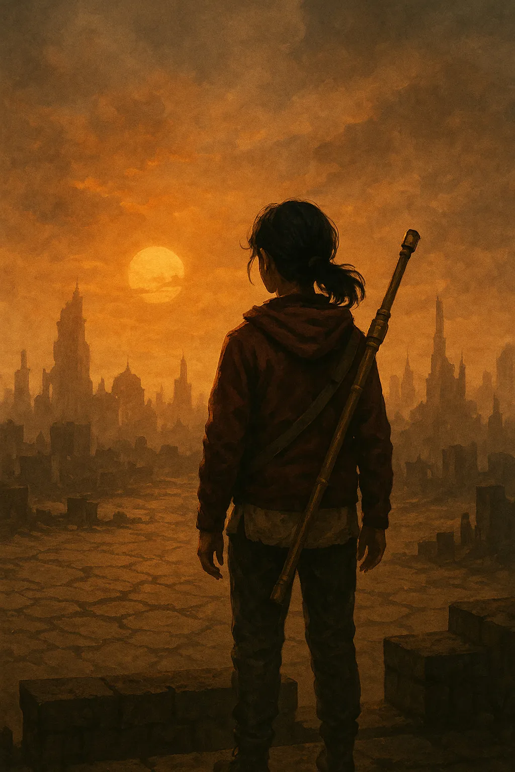 Sumati stands on a rooftop above a drowned Delhi at dusk, a staff slung across her back, ruined towers fading into the haze.