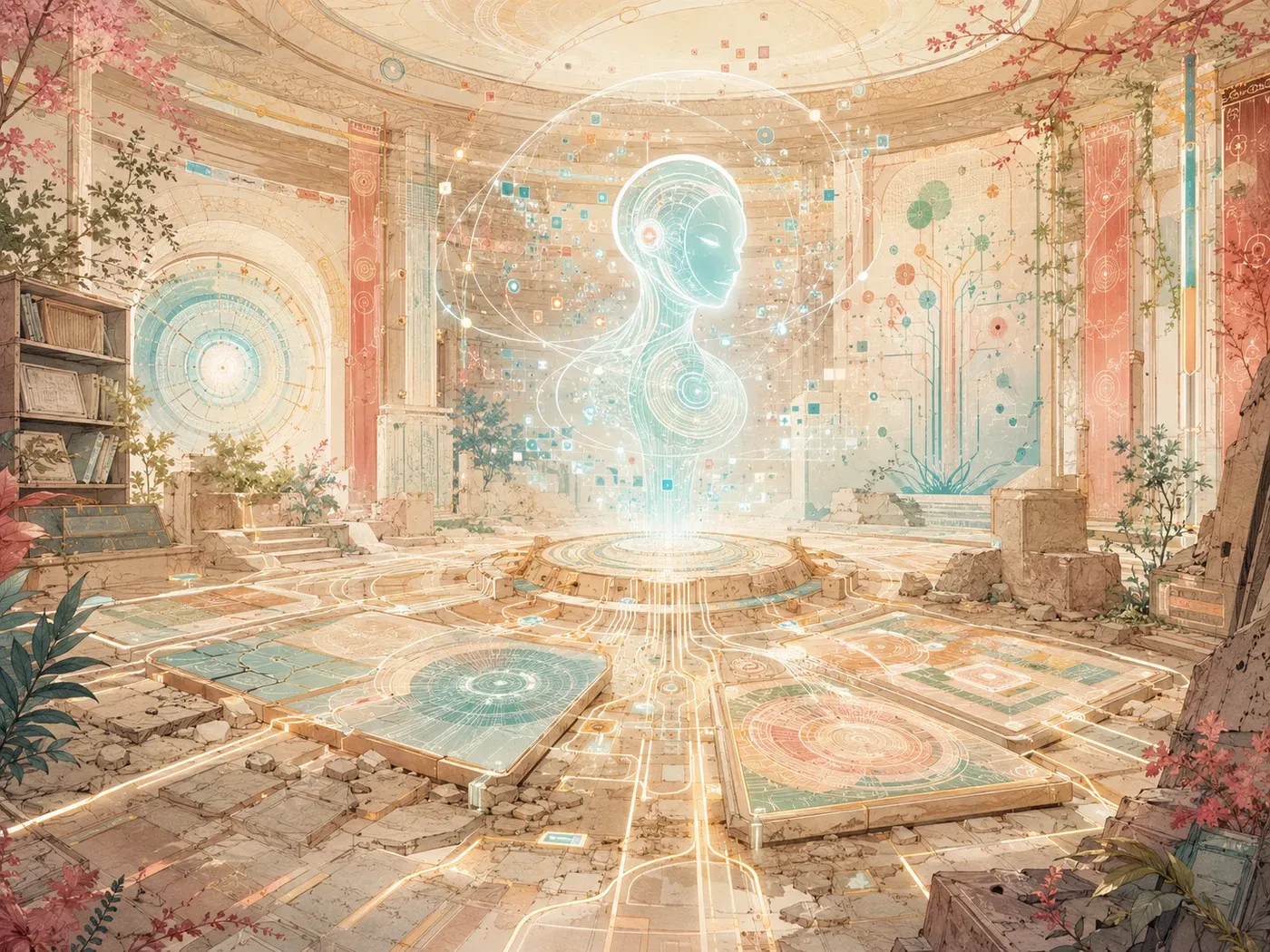 A luminous figure of light suspended above a circular hall of glowing floor panels, greenery growing through the stone