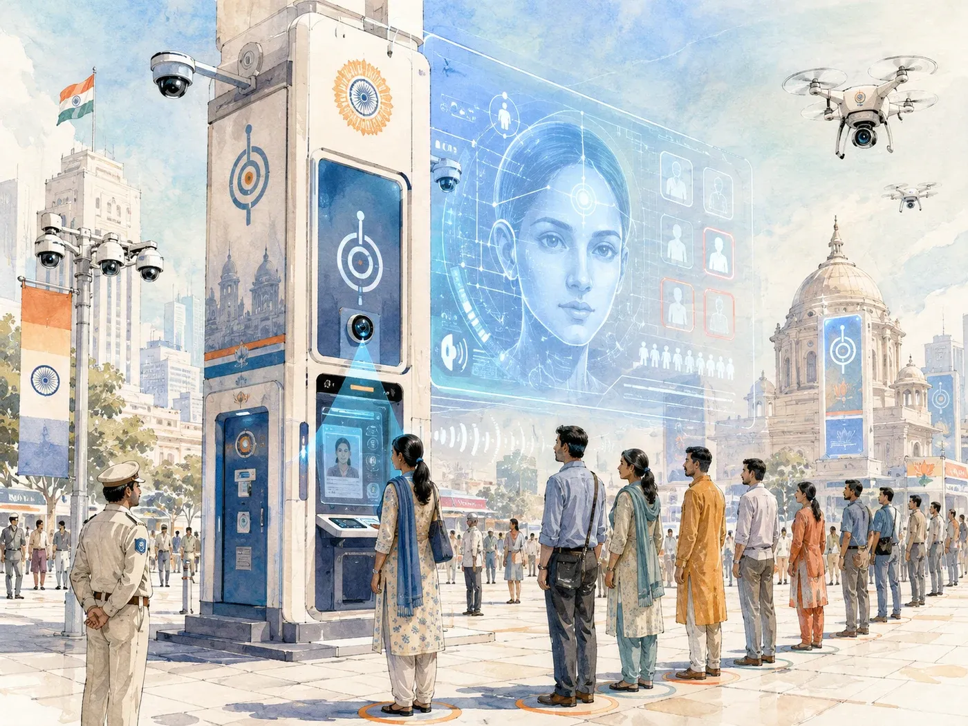 A civic checkpoint kiosk reading a face against a wall-sized identity display, drones overhead, a queue waiting on marked circles