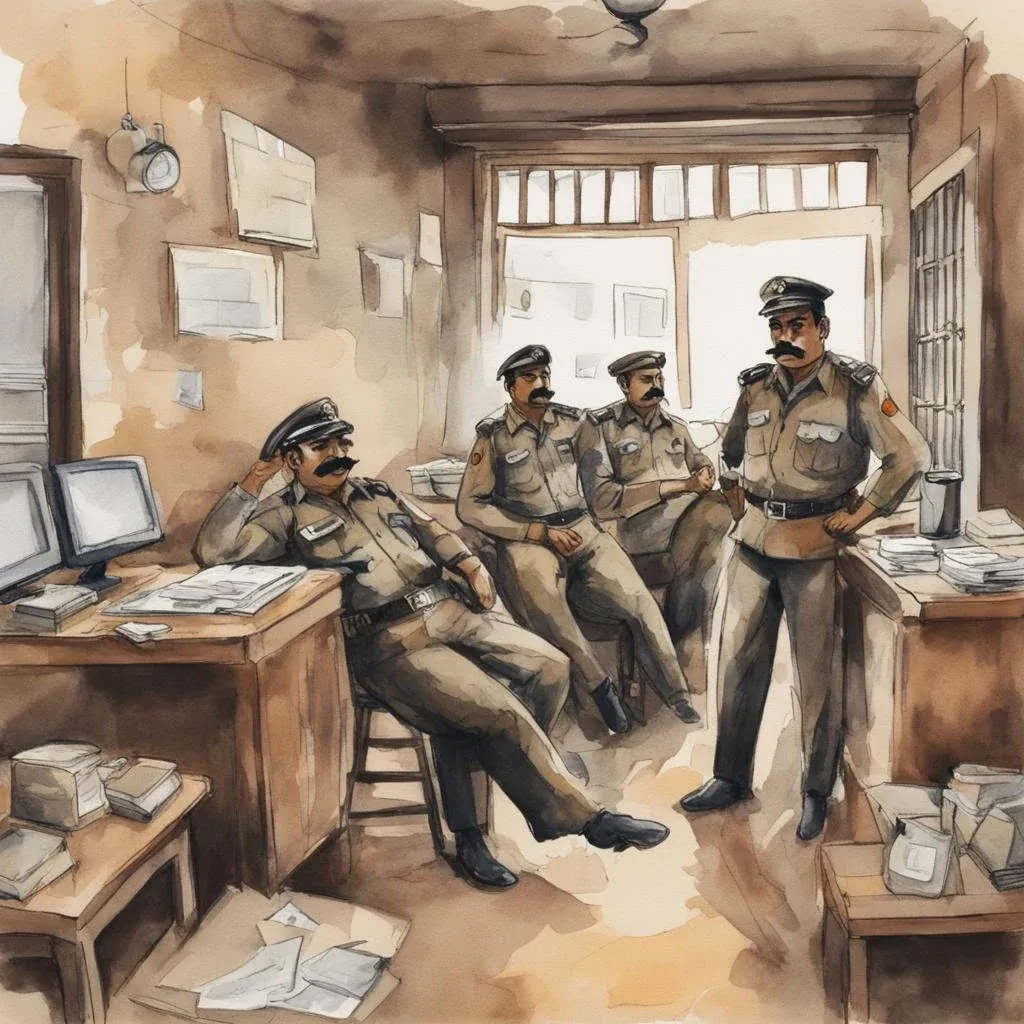 Officers lounging at desks among stacked files and papers.