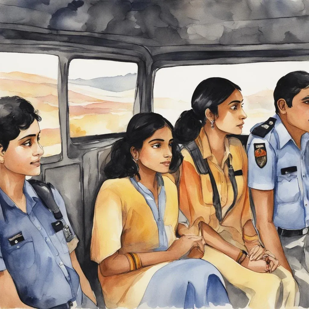 Two girls and two officers crowded on the bench seats of a moving van.
