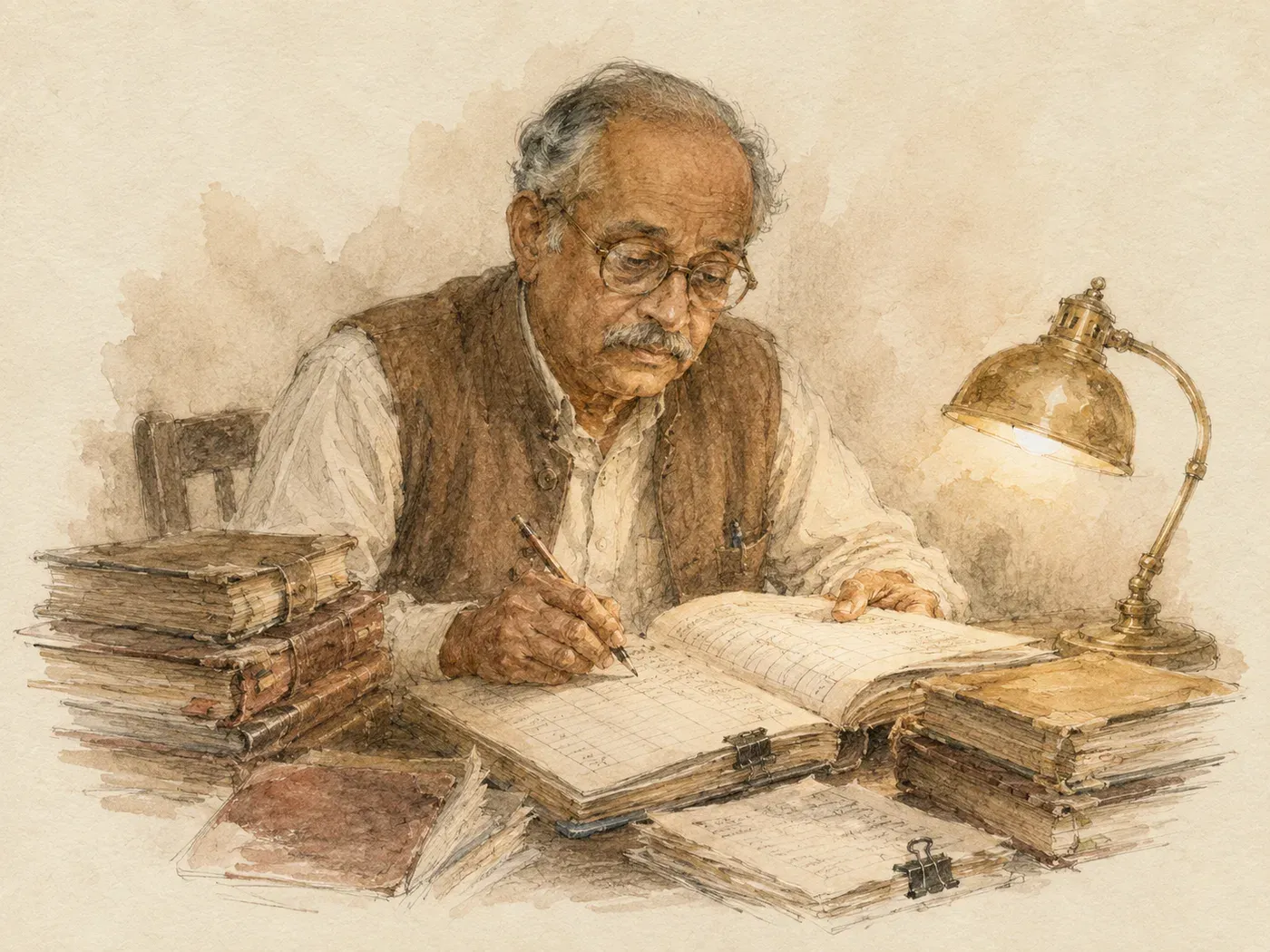 An older man in a waistcoat writing into a ledger under a brass lamp, stacks of bound registers around him