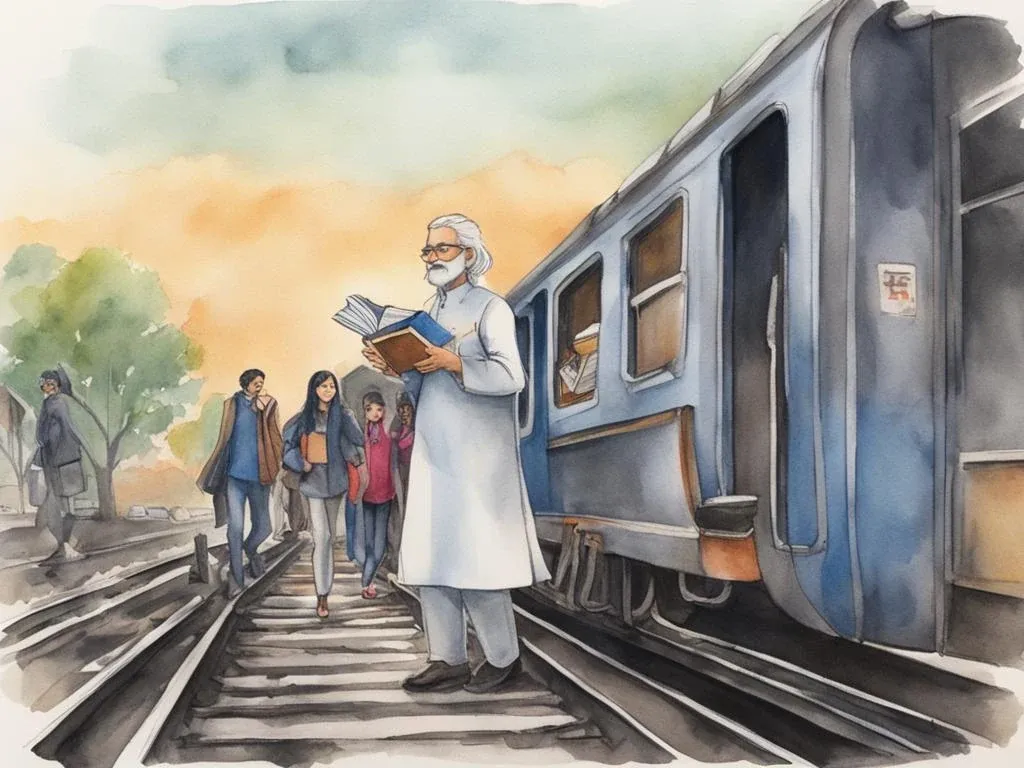 A tall thin man with silver hair stepping down from an old train, reading, his arms full of books