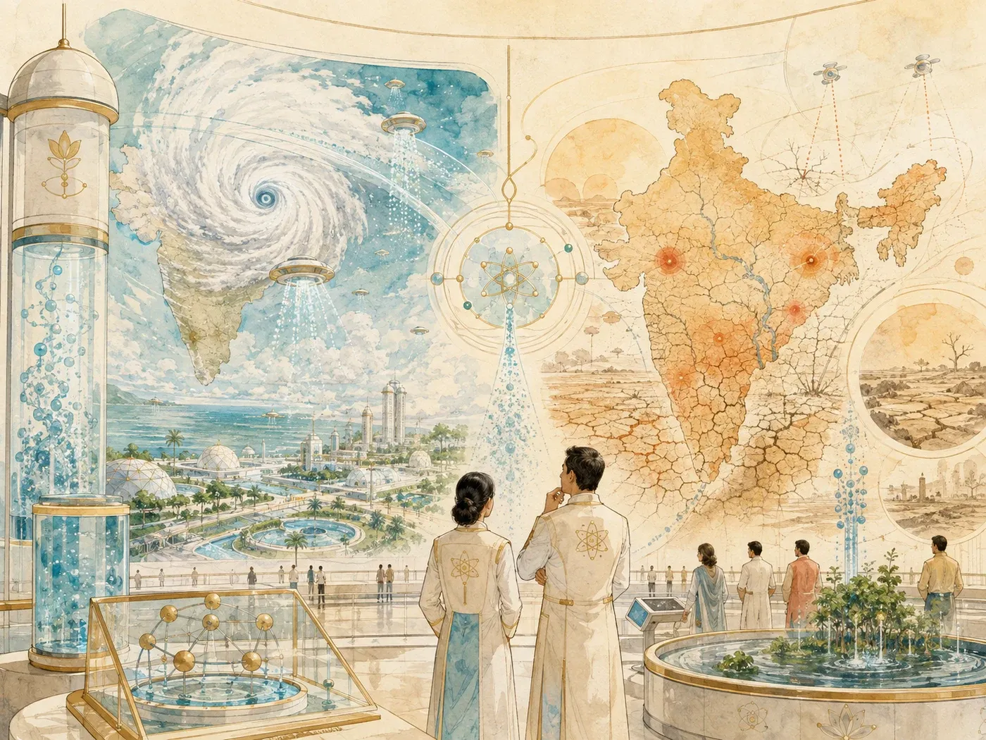Two figures before a control display: a cyclone being turned away from the coast on one panel, a cracked drought map of India on the other