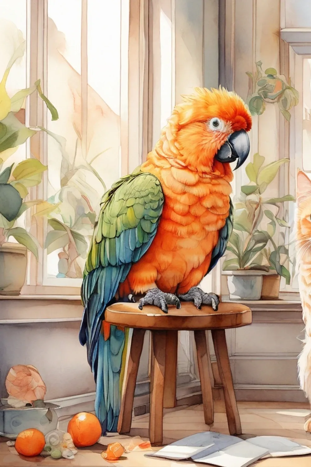 A green and orange parrot perched on a wooden stool by a bright window, fruit and an open book below