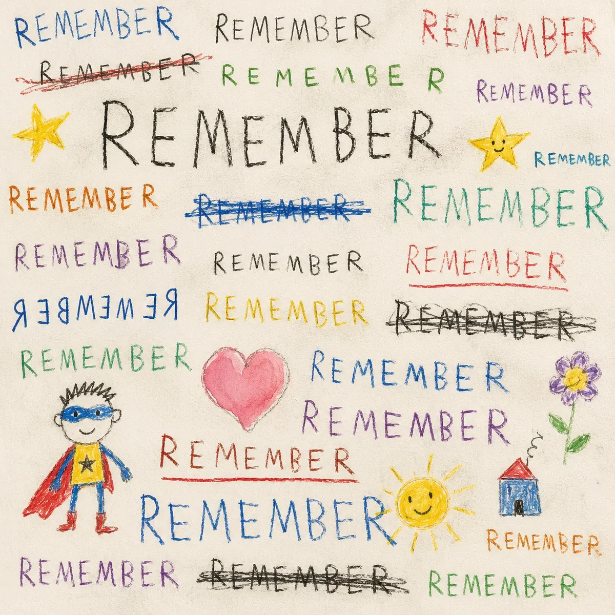 A page filled with the word REMEMBER in many colours of crayon, four of them struck through and one written backwards, with a child's superhero, a heart, a sun and a house drawn among them