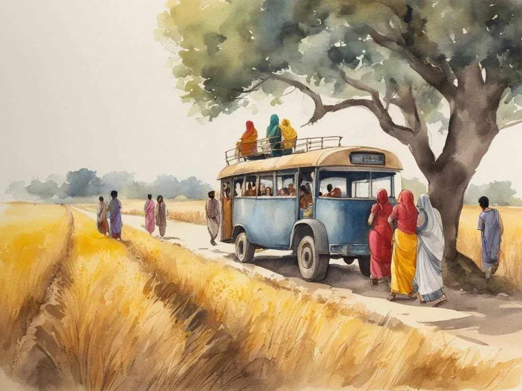 A bus with passengers riding the roof, wheat and mustard on both sides.